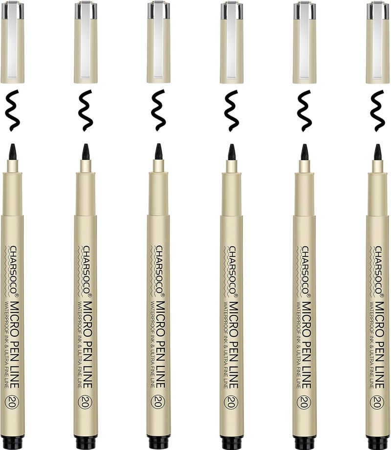 CHARSOCO 20 Micro Pen, 6 Pack Black Fine Point Pen with Waterproof Archival Ink, 2mm Fineliner Ink Pens for Artist Illustration, Sketching, Anime, Manga, Technical Drawing and Scrapbooking - Image 1